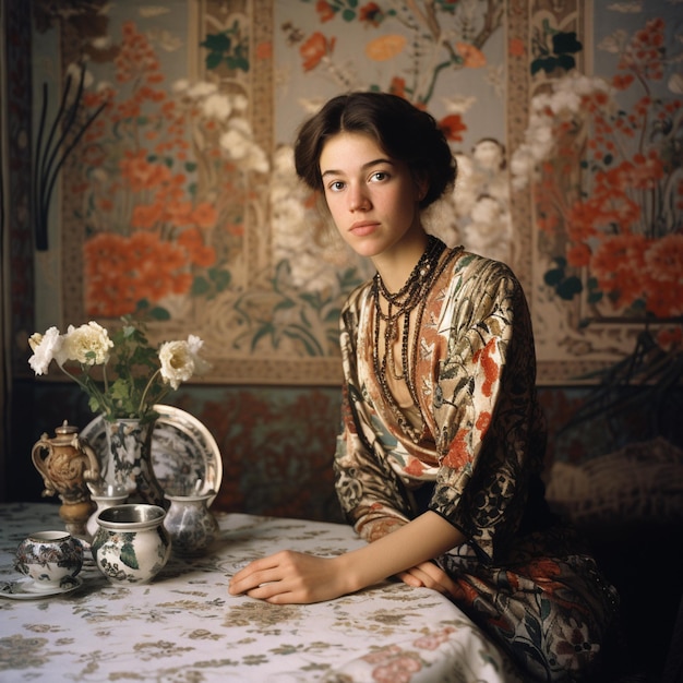Zdjęcie siedzi przy stole kobieta z wazonem z kwiatami.