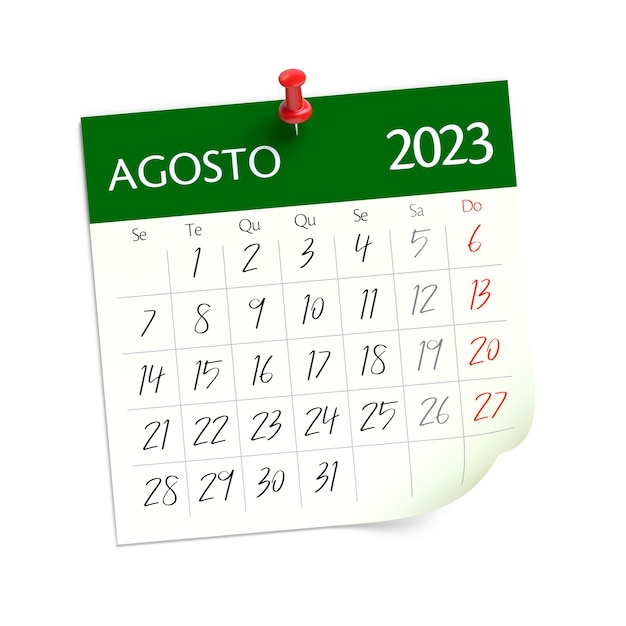 Sierpień kalendarz 2023 w języku portugalskim izolowany na białym tle ilustracja 3d