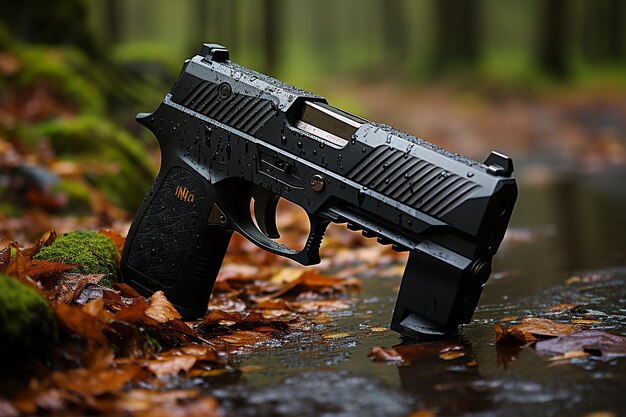 Zdjęcie sig sauer p320 pistolet tło jest ciemne kinematograficzne ai generowane