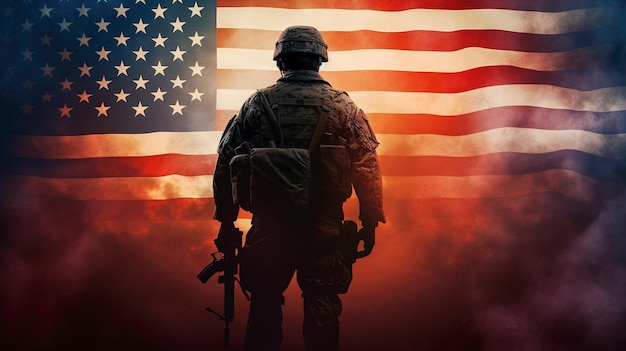 Sihouette amerykańskiego żołnierza z amerykańską flagą narodową na tle Dnia Weteranów