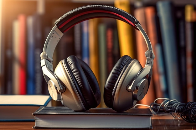 Siła dźwięku i słów Słuchawki i stosy książek reprezentujące książki audio