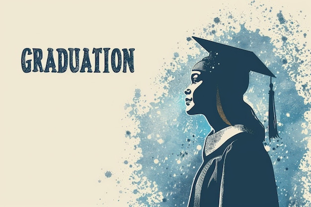 Silhouetowa absolwentka w czapce i sukience z rysunkiem atramentu uchwycającym ducha ukończenia studiów