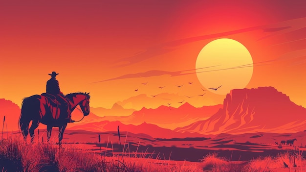 Silhouetowany zachodni kowboj na koniu przy zachodzie słońca na pustyni