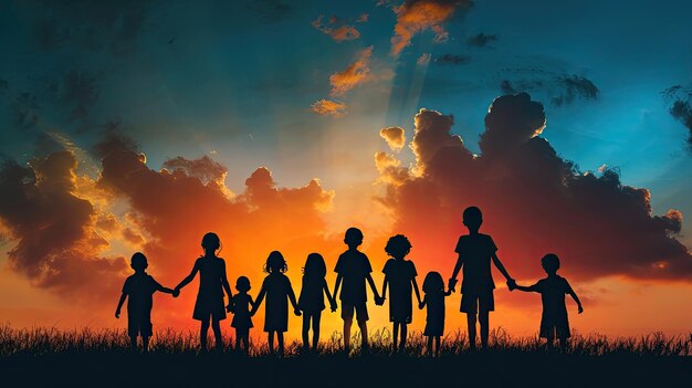 Silhouette back refugee kid groupResponsibleKid child boy and girl worshipWorld kids day Pray and worship Hope freedom Diverse FaithWorld refugee dayJuneteenth kidFriendsPotential unlock