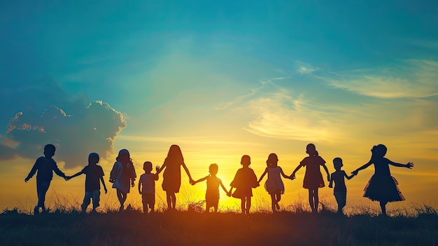 Silhouette back refugee kid groupResponsibleKid child boy and girl worshipWorld kids day Pray and worship Hope freedom Diverse FaithWorld refugee dayJuneteenth kidFriendsPotential unlock