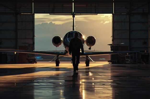 Zdjęcie silhouette of pilot walking away from private jet in hangar