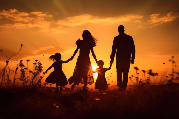 Silhouette szczęśliwej rodziny o zachodzie słońca na łące Silhouette młodej pary turystów stały na szczycie góry patrząc na gwiazdy i Droga Mleczna nad zmierzchu nieba AI generowane