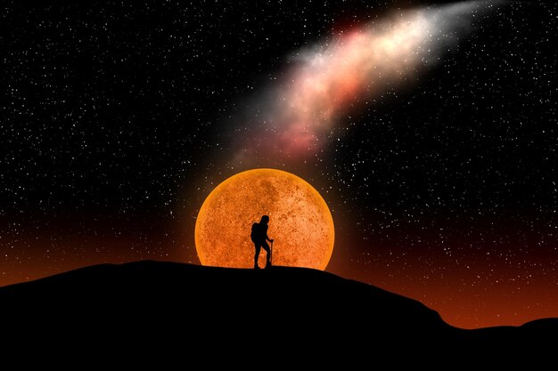 Zdjęcie silhueta człowieka stojącego na górze na tle nocnego nieba