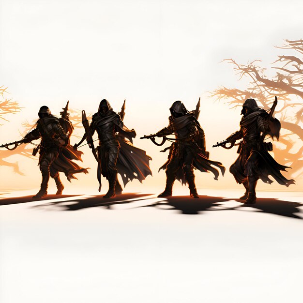 Zdjęcie silhueta fantazyjnych wojowników na pustyni 3d rendering