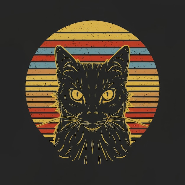 Silhueta twarzy kota z wątpliwym wyrażeniem bocznym na tle żywej koszulki z zachodem słońca