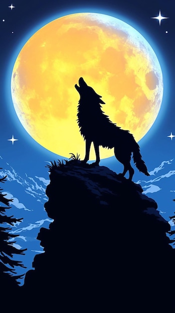 Silhueta wilka wyjącego na księżyc w lesie Pionowa mobilna tapeta