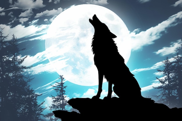 Silhueta wilka wyjącego na księżyc w lesie
