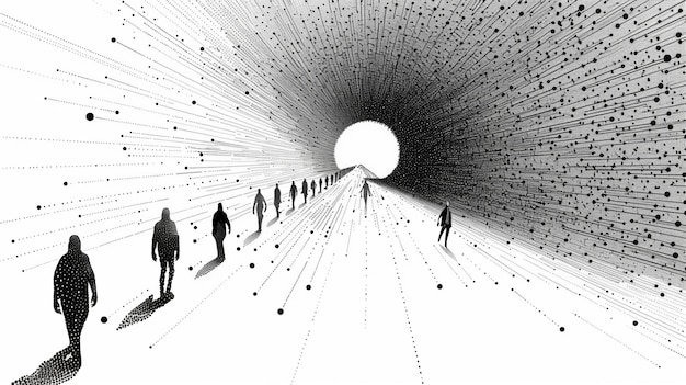 Silhuetowe osoby idące w kierunku światła na ilustracji tunelu punktowego