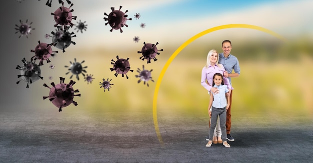 Silna odporność - zdrowa rodzina. Szczęśliwi rodzice z dziećmi chronionymi przed wirusami i bakteriami, ilustracja.