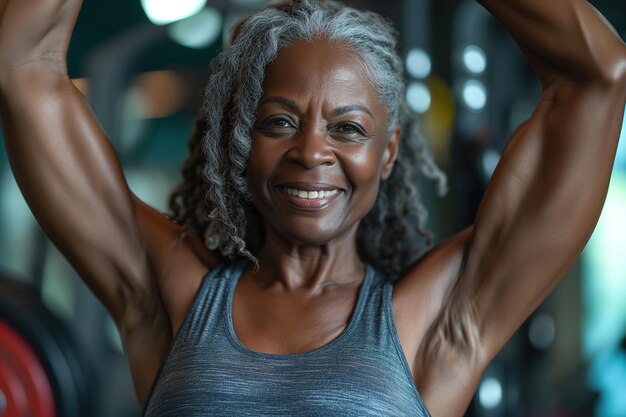 Silna, szczęśliwa afroamerykańska kobieta ćwicząca i ćwicząca mięśnie w siłowni starsza sportowa kobieta podnosząca ręce