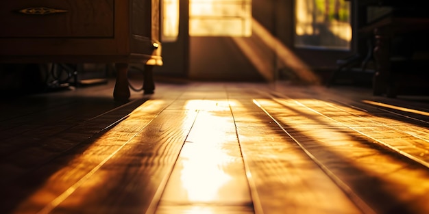 Zdjęcie silne, wczesne promienie słońca wpadają przez okna na starą, drewnianą, pustą podłogę.