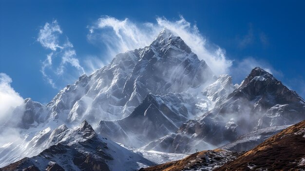 Zdjęcie silne wiatry zrywają śnieg z majestatycznych górskich szczytów
