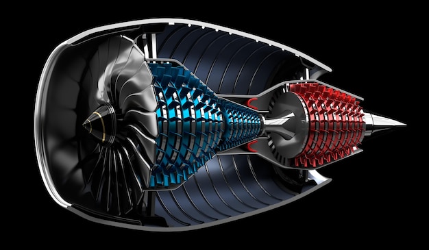 Silnik odrzutowy wewnątrz na czarnym tle ilustracji 3D
