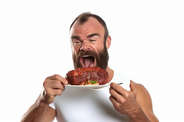 Zdjęcie silny człowiek jedzący wołowinę na białym tle generatywna sztuczna inteligencja