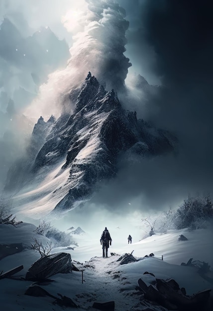 Silny mężczyzna wędrujący na szczyt śnieżnej góry w mroźną zimę Stworzony przy użyciu technologii Generative AI