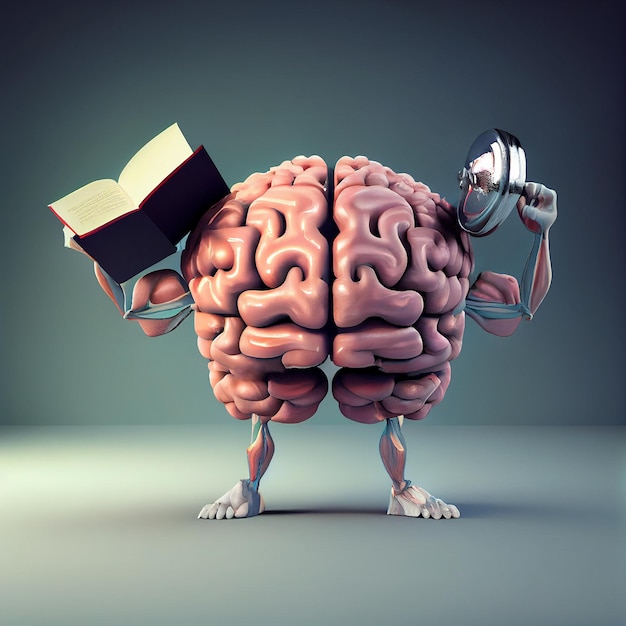 Silny mózg z koncepcją edukacji książki i hantli, uczenie się nowych umiejętności ma mądrość