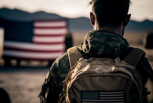 Silny odważny amerykański żołnierz z amerykańską flagą