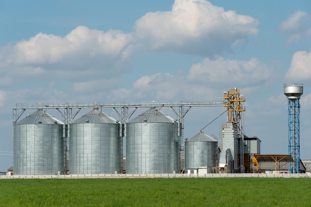 Zdjęcie silosy srebrne na zakładzie produkcji rolnej do przetwórstwa suszenie czyszczenie i przechowywanie produktów rolnych mąka zboża i zboża duże żelazne beczki na ziarno elewator spichlerza