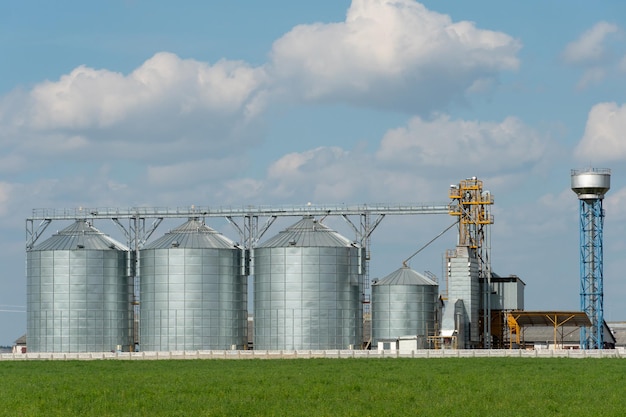 Silosy srebrne na zakładzie produkcji rolnej do przetwórstwa suszenie czyszczenie i przechowywanie produktów rolnych mąka zboża i zboża Duże żelazne beczki na ziarno Elewator spichlerza