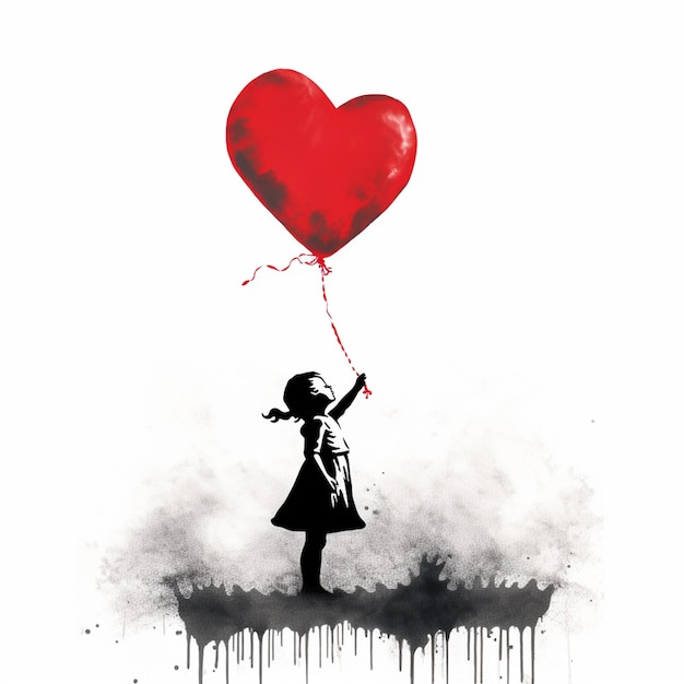 Silout dziewczyna na ścianie trzymając czerwony balon