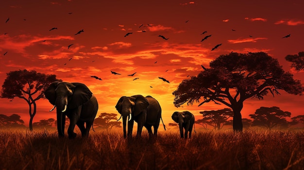 Silueta afrykańskich słoni przy zachodzie lub wschodzie słońca