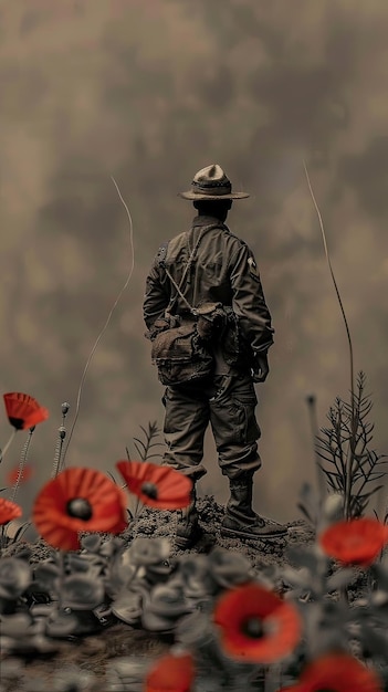 Silueta amerykańskiego żołnierza i kompozycja kwiatu maku Dzień Pamięci Generatywna sztuczna inteligencja