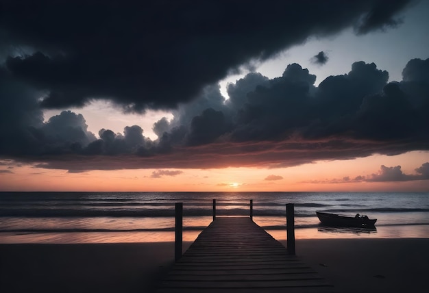Silueta drewnianego molo i małej łodzi na plaży podczas zachodu słońca z ciemnymi chmurami na niebie
