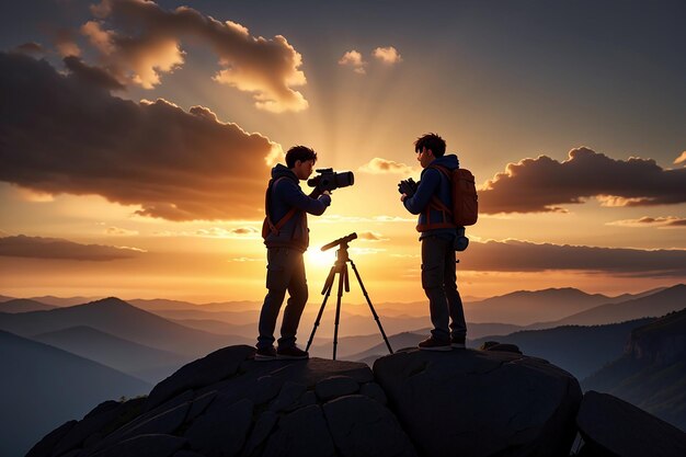 Silueta fotografa, który fotografuje zachód słońca w górach