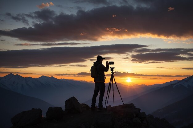 Silueta fotografa, który fotografuje zachód słońca w górach