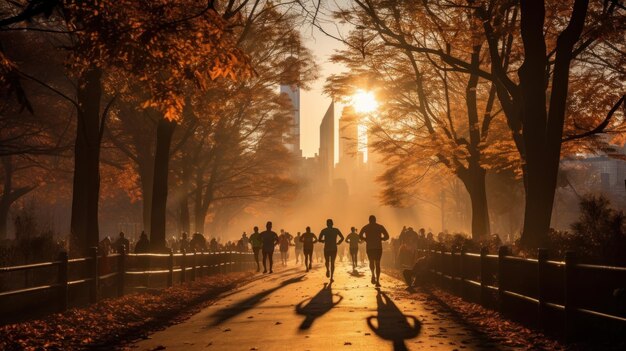 Silueta ludzi biegających w parku publicznym w ciepły jesienny dzień