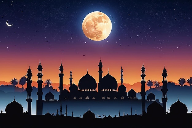 Silueta meczetów z kopułami w zmierzchu, zmierzch na niebie z grzbietem księżyca, religijny islam i wolna przestrzeń dla tekstu Ramadan Kareem