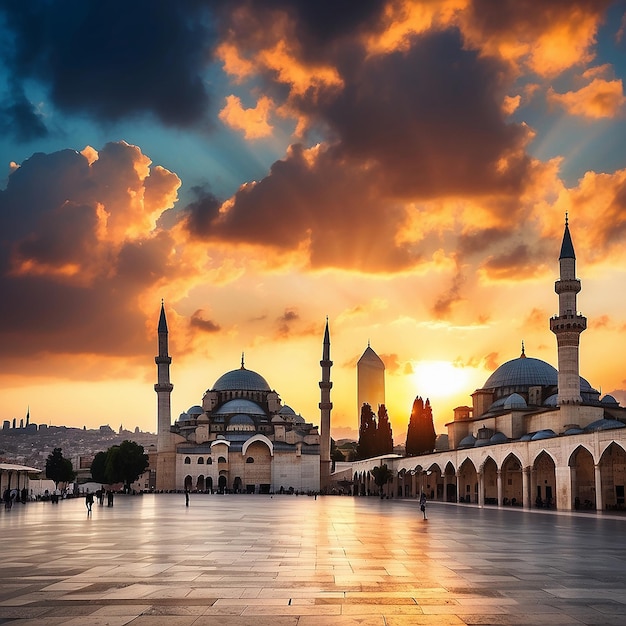 Silueta meczetu Suleymaniye o zachodzie słońca z dramatycznymi chmurami Ramadan lub islamskie zdjęcie koncepcyjne