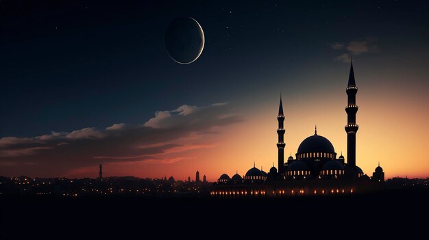 Silueta meczetu z dużym księżycem o zachodzie słońca odbijającym się na wodzie