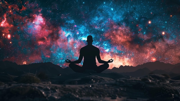 Silueta mężczyzny medytującego na pozycji lotosu przed tłem wszechświata galaktycznego