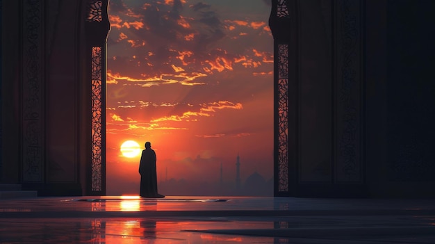 Silueta osoby w kontemplacji podczas zachodu słońca w meczecie z krajobrazem miejskim na tle