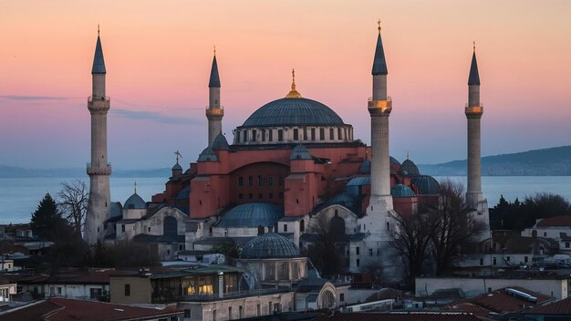 Silueta starego miasta Hagia Sophia przy zachodzie słońca w Stambule w Turcji