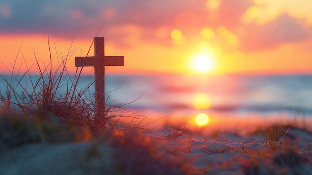 Zdjęcie silueta symbolu religijnego krzyż na brzegu na tle zachodu słońca generatywna sztuczna inteligencja