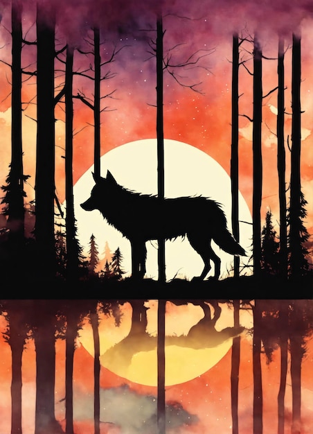 Silueta wilka przedstawiająca las w akwarelu