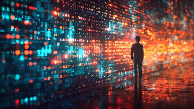 Siluetowa postać poruszająca się w krajobrazie zagrożeń cybernetycznych na ogromnym ekranie koncepcja cyfrowych niebezpieczeństw szeroki kąt hiperrealistyczny nocny vibe cyberpunk AI Generative
