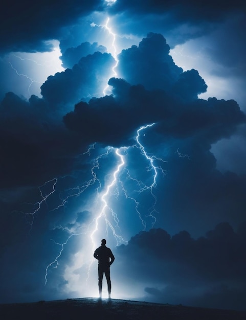 Zdjęcie siluetowa postać stojąca na tle nieba wirujących chmur burzowych oświetlonych pojedynczym strzałem