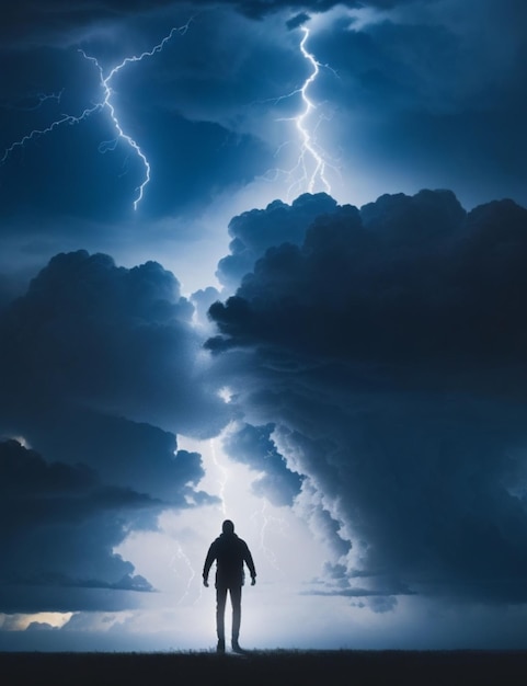 Siluetowa postać stojąca na tle nieba wirujących chmur burzowych oświetlonych pojedynczym strzałem