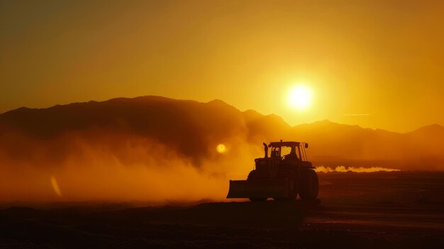 Siluweta ciągnika na słońcu podczas orania pola w dolinie Yakima w stanie Waszyngton