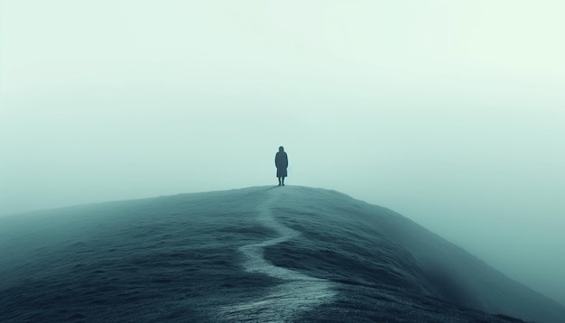 Zdjęcie siluweta człowieka idącego na szczycie góry w mgle 3d rendering