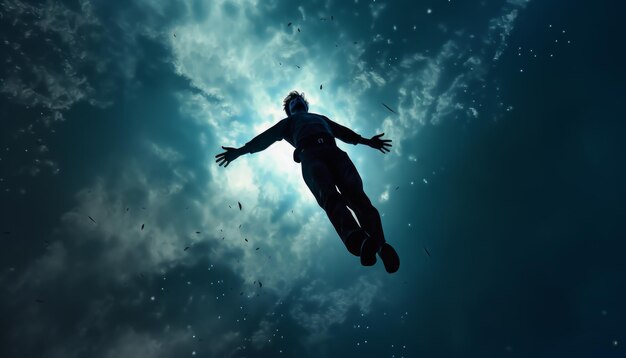 Zdjęcie siluweta człowieka latającego w niebieskim niebie
