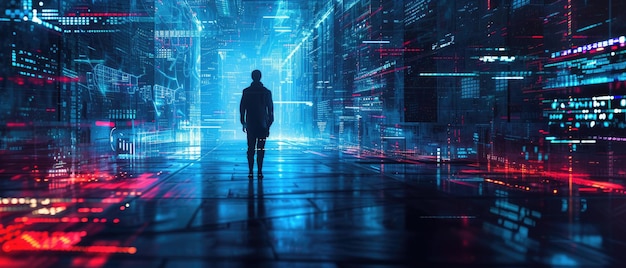 Siluweta człowieka na danych cyfrowych i światłach tło osoba i abstrakcyjne informacje o sieci Temat technologii bezpieczeństwa cybernetycznego świat przyszły hack